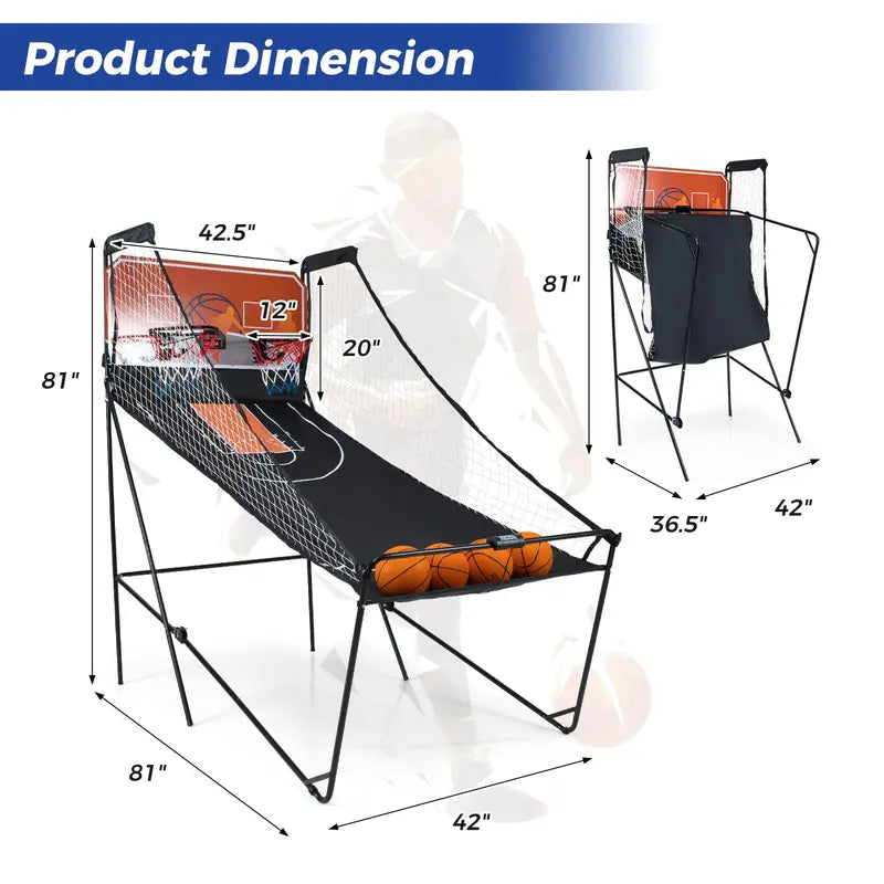 Foldable Dual-Lane Basketball Arcade Game with LCD Score Display and 4 Game Balls