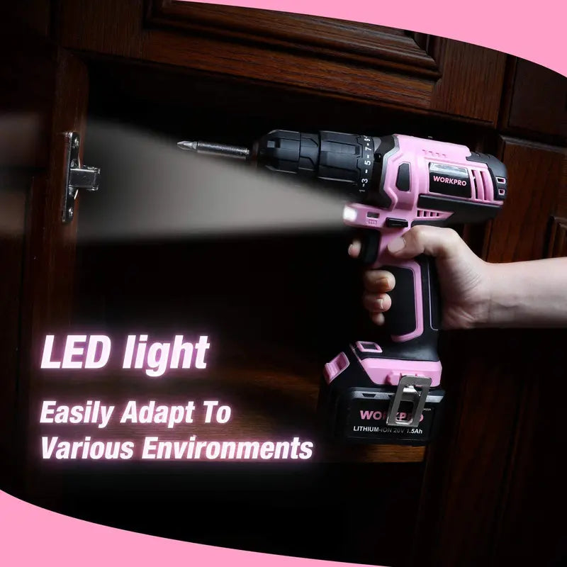 WORKPRO 20V Pink Lithium-Ion Cordless Drill Driver Kit Pink Ribbon Edition