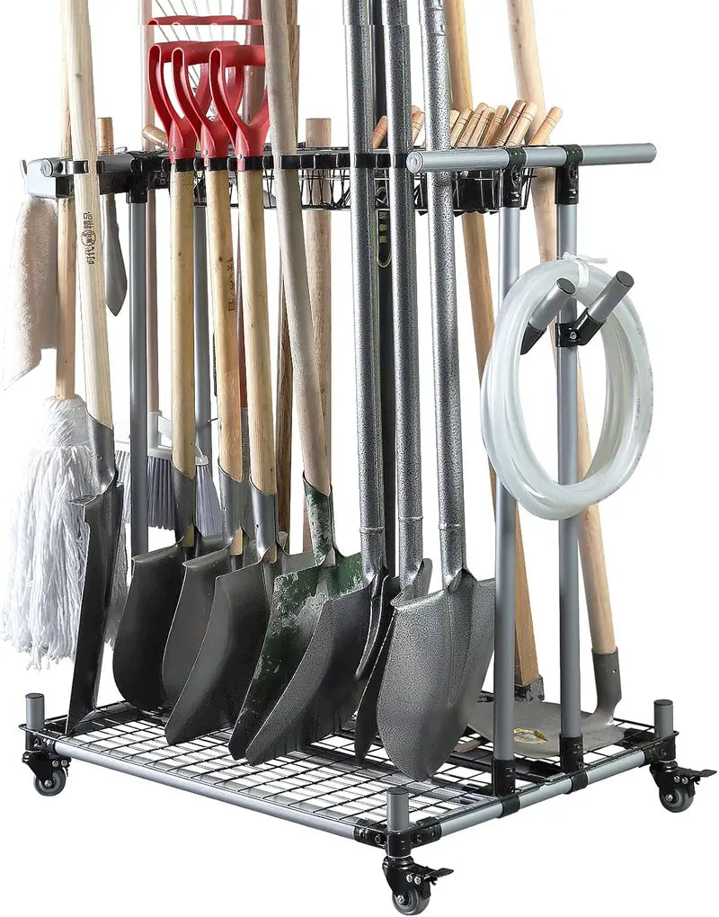 Heavy-Duty Metal Garden Tool Organizer Wall-Mounted Garage Rack for Long-Handle Shovels, Rakes, and Farming Equipment