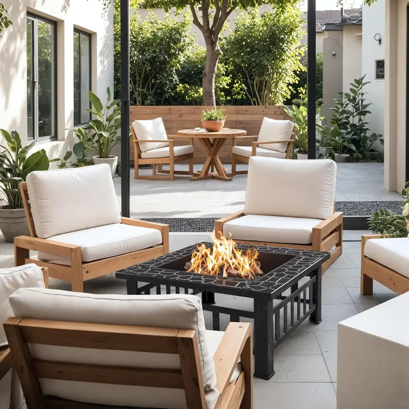 Devoko 32-Inch Outdoor Fire Pit Table Weather-Resistant Metal Fireplace with Waterproof Cover for Patios
