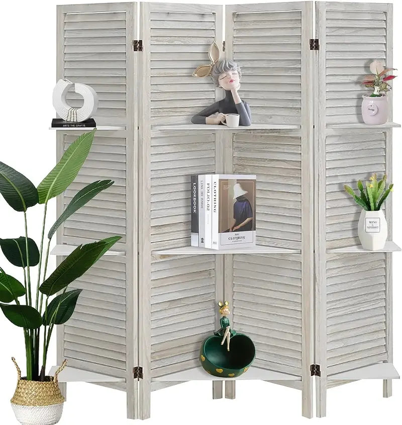 ECOMEX 4-Panel Folding Room Divider White Privacy Screen with Built-In Shelves