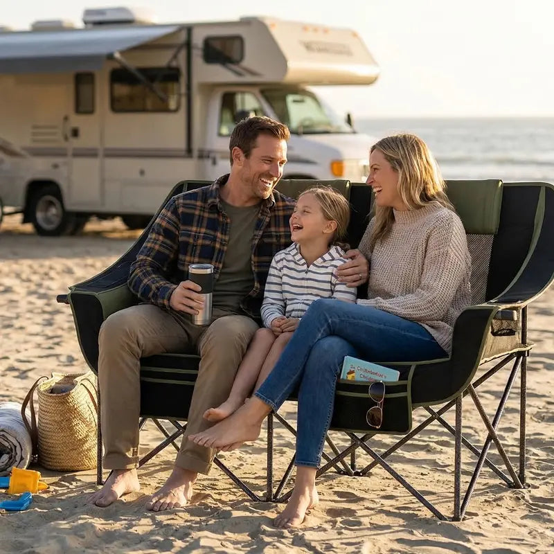 Heavy-Duty Dual-Seat Camping Loveseat 660 lb Capacity, Cup Holders & Carry Bag