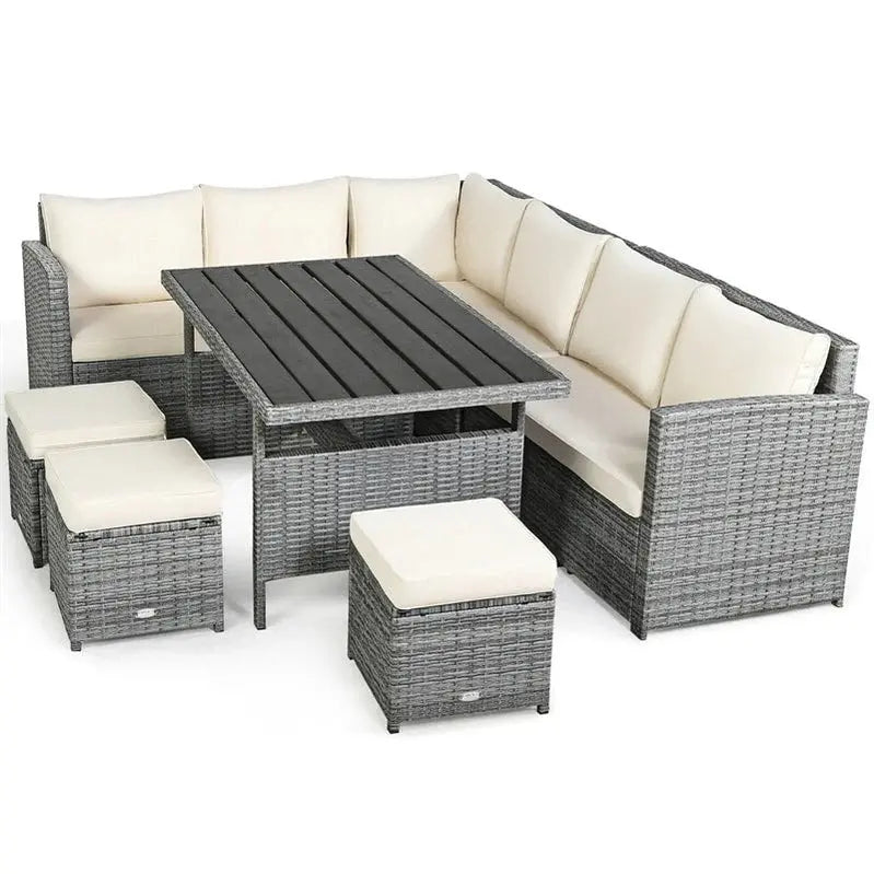 7-Piece Rattan Patio Dining Set Sectional Sofa, Table, Ottomans & Weather-Resistant Cushions