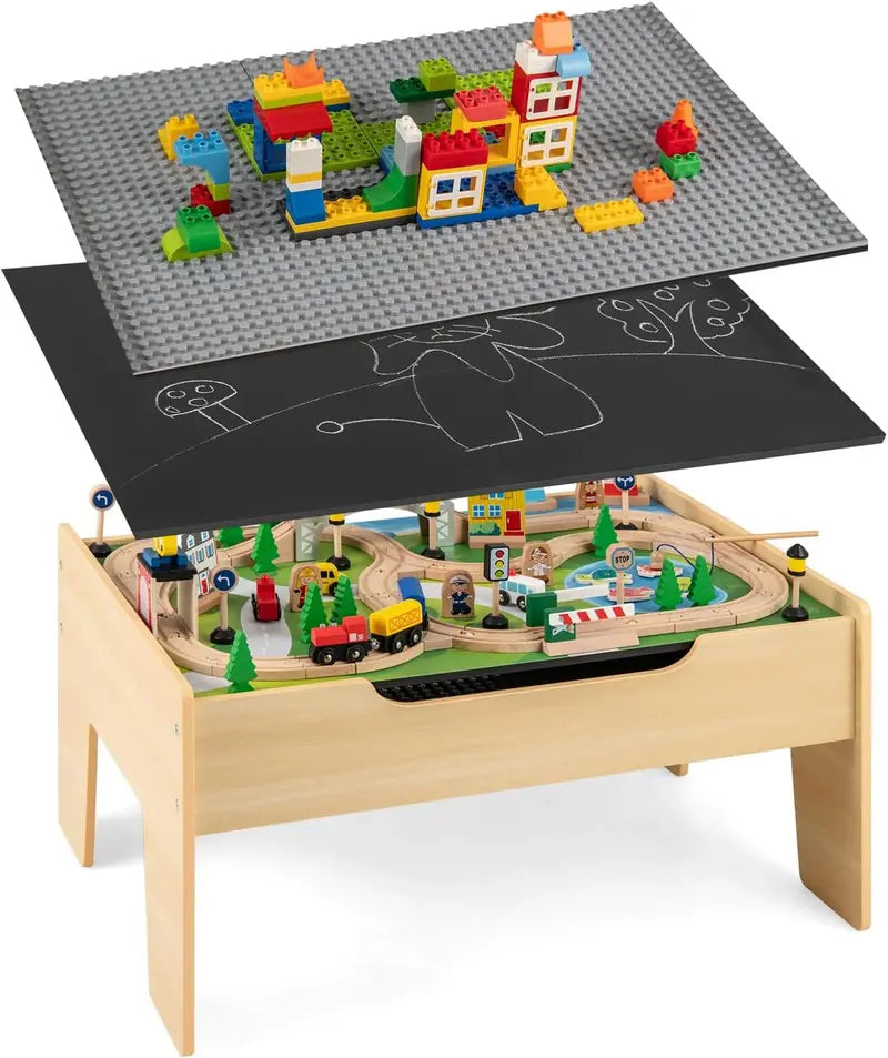Wooden 5-in-1 Train Activity Table Flip-Top Design with 100+ Pieces, Storage Compartment & Track System for Toddlers 3 Years and Up