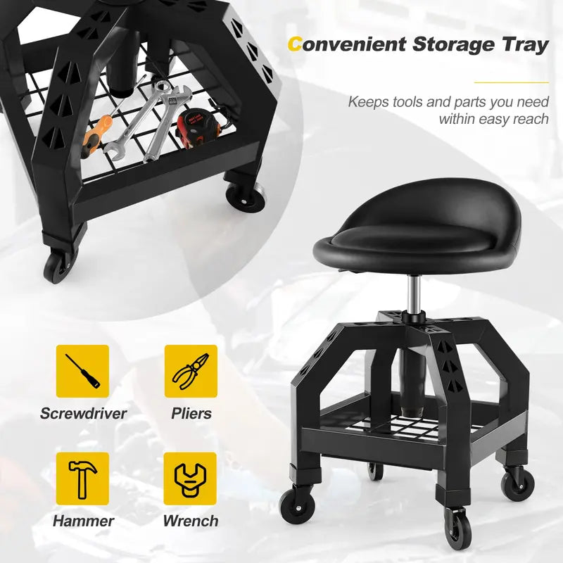 Adjustable Swivel Mechanic Stool with Casters and Built-in Tool Tray
