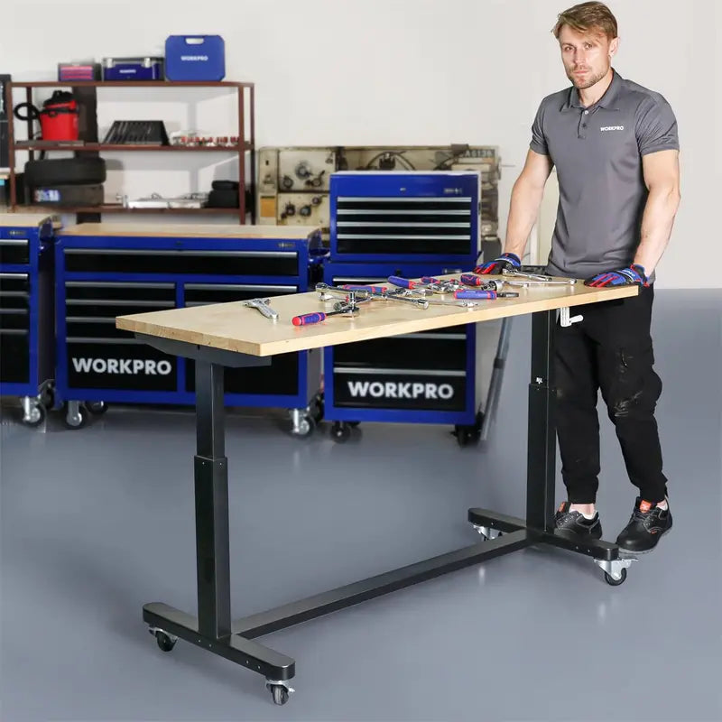 WORKPRO 60-Inch Crank-Adjustable Workbench Industrial-Strength Table with Leveling Feet and 500-Lb Capacity