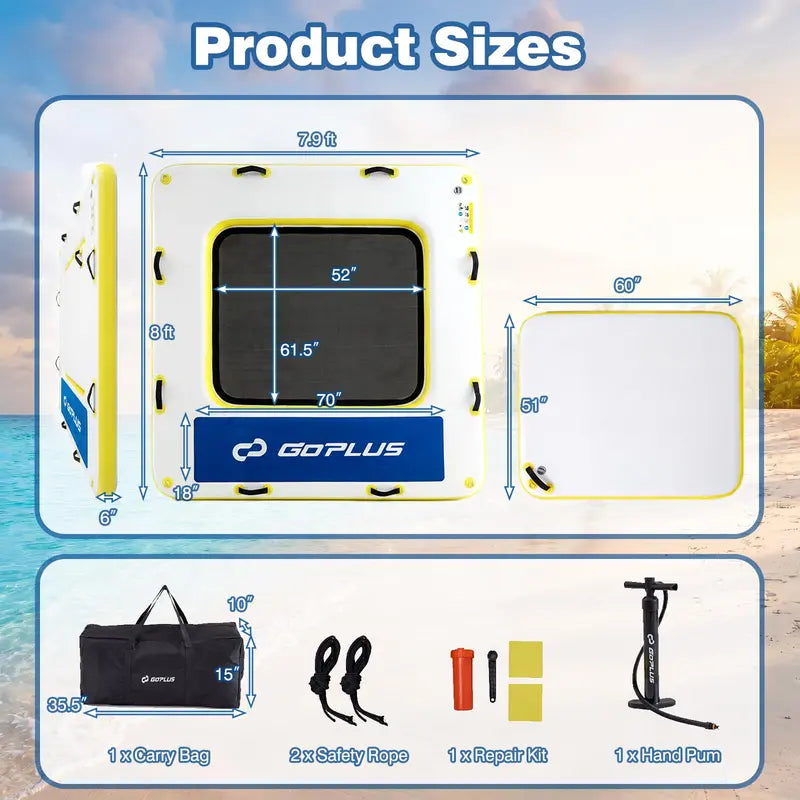 8′ x 8′ Inflatable Swim Platform Floating Dock with 6-Inch Cushioned Thickness