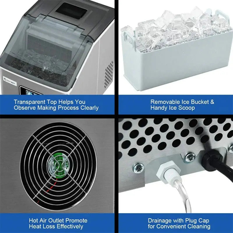 24-Hour Stainless Steel Countertop Ice Maker 48LB Capacity, LCD Display, Self-Cleaning Function & Included Scoop