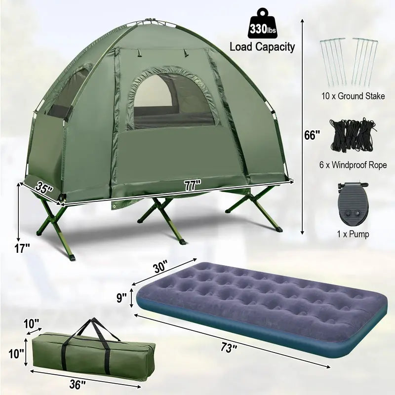 5-in-1 Camping Cot System Includes Air Mattress, Pillow, Sleeping Bag & Carry Bag