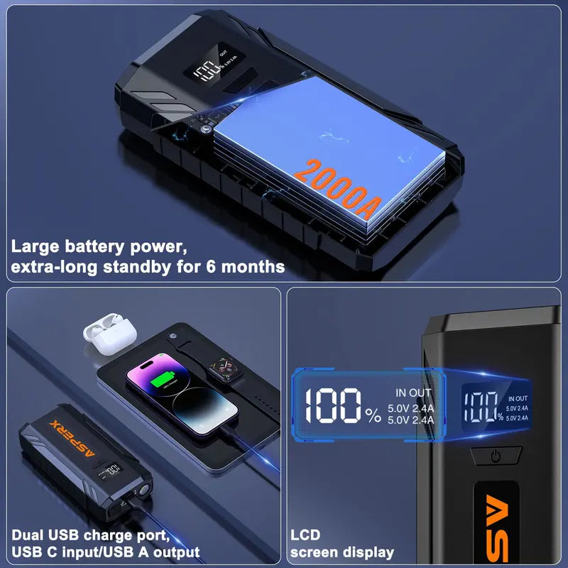 ASPERX AX2000 2000A Peak Car Jump Starter for 8.0L Gas/6.5L Diesel 12V Battery Booster with LED Light & Power Bank
