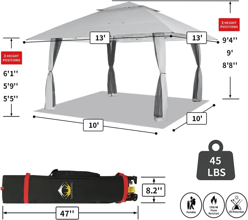 CROWN SHADES 13’×13′ Pop-Up Gazebo Instant-Setup Outdoor Canopy with Wheeled STO-N-Go Carry Bag, White Portable Shade Structure