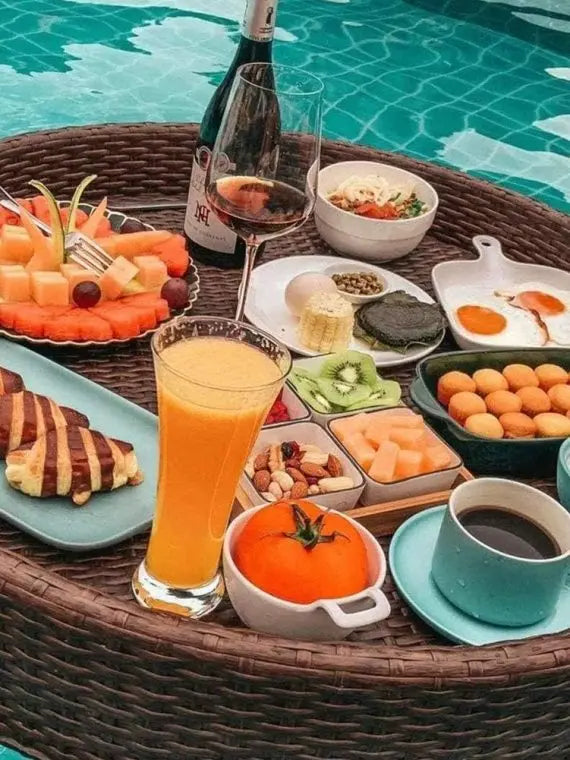 Handmade Rattan Serving Tray with Handles Floating Breakfast Tray for Pool, Spa, Parties & Photography