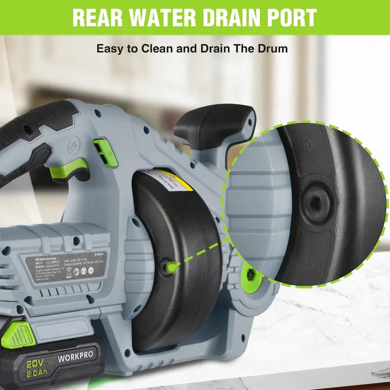 WORKPRO 20V Cordless Electric Drain Auger 25-Foot Plumbing Snake with 2.0Ah Battery & Charger