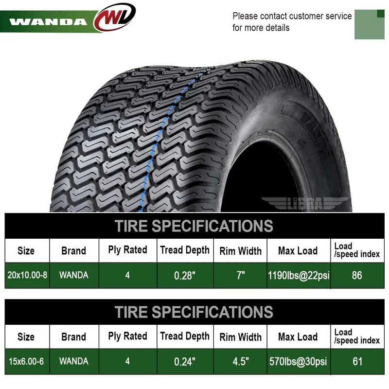 Set of 4 New Lawn Mower Turf Tires 15¡Á6-6 Front and 20¡Á10-8 Rear /4PR -13016-13040