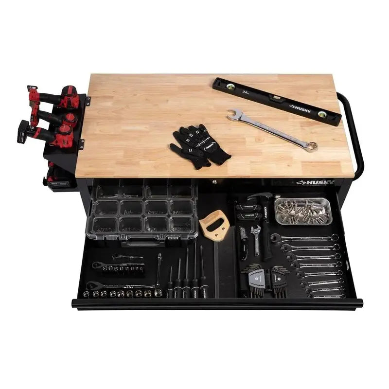 High-Gloss Black Mobile Workbench with 9 Drawers, Hardwood Work Surface, and Built-in Power Outlet
