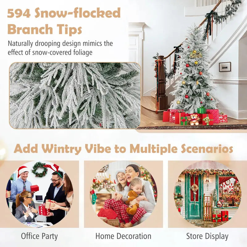 6- to 8-Foot Pre-Lit Snow-Flocked Artificial Christmas Tree Featuring PE and PVC Mixed-Tip Branches