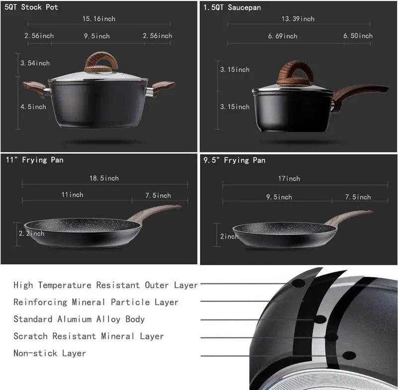 EcoCook 6-Piece Nonstick Cookware Set Includes Fry Pans & Saucepan, Dishwasher Safe, Compatible with All Stoves, Black
