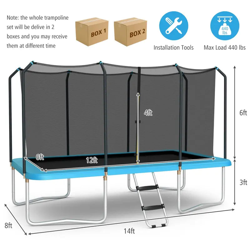 8 ft x 14 ft Rectangular Trampoline 440 lb Weight Limit, Enclosure Net & Non-Slip Ladder Included