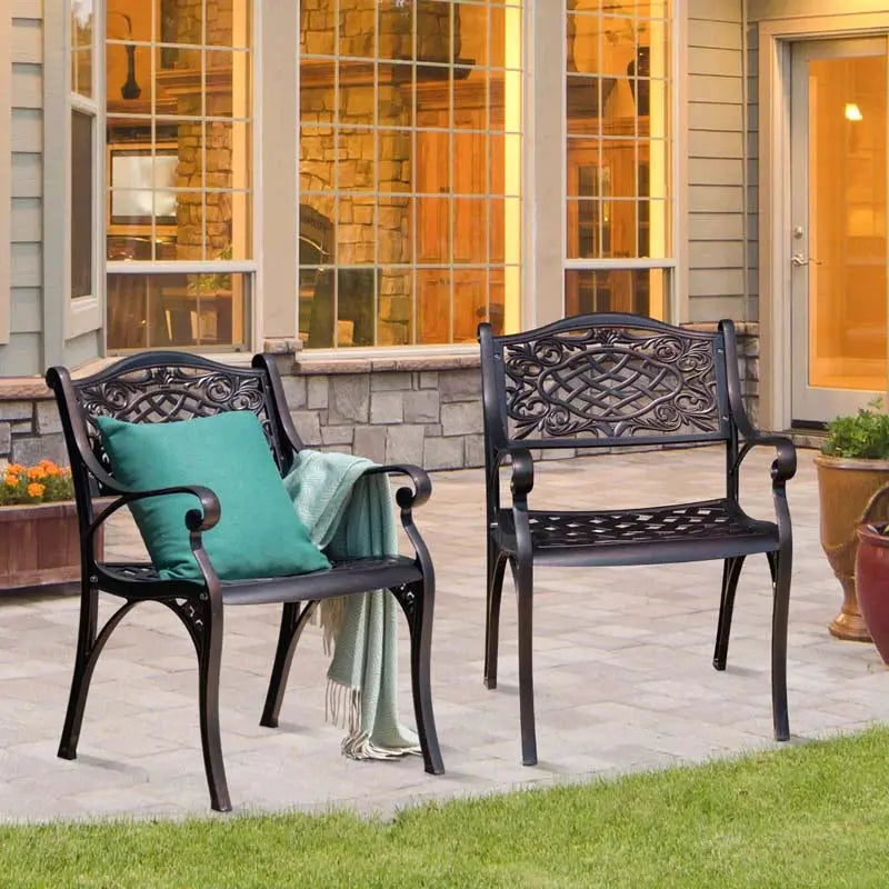 All-Weather Cast Aluminum Outdoor Dining Chairs Set of 2 or 4 Pneumatic Armchairs with Ergonomic Curved Seats
