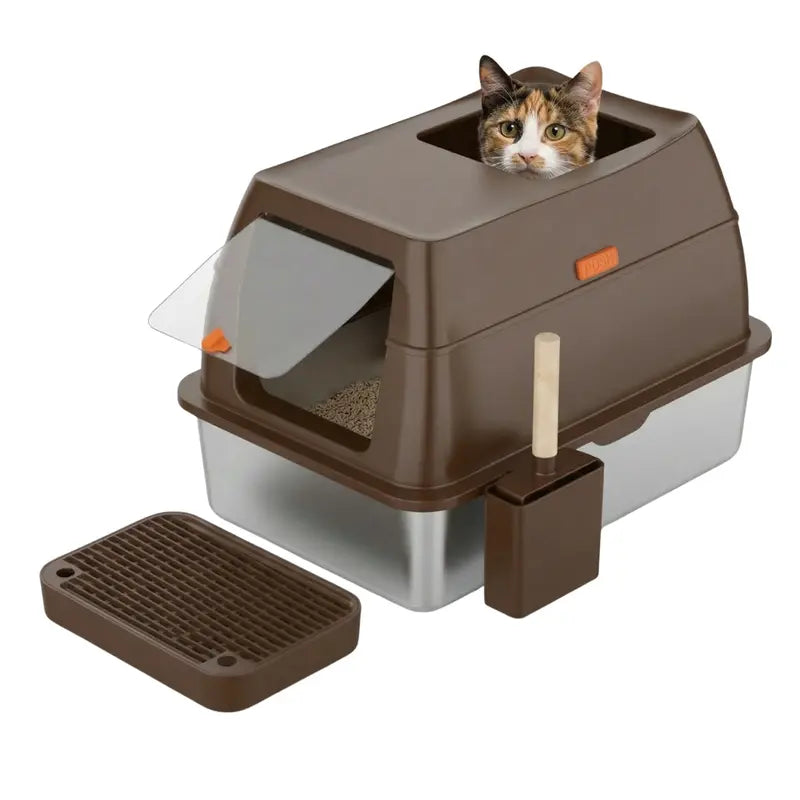 Front-Entry Covered Litter Box with Stainless Steel Pan and Quiet Lid Mechanism