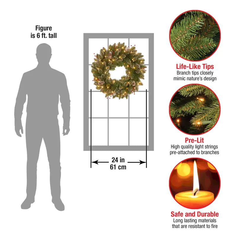 24″ National Tree Glittery Spruce Wreath with LED Lights, Pine Cones & Red Berries