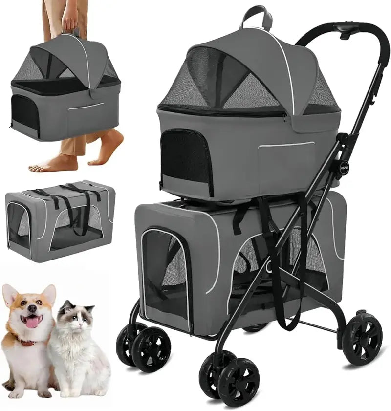 Double Pet Stroller Foldable Two-Dog Carrier with Detachable Carriers, Locking Wheels, and Safety Harnesses