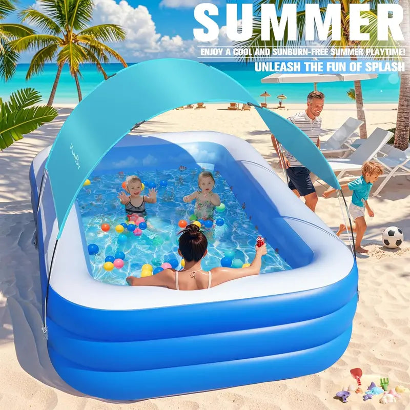 Ocean-Themed Inflatable Family Pool with Canopy Extra-Large 105″ x 75″ x 25″, Thickened Vinyl for Kids & Adults, Backyard Swimming Pool