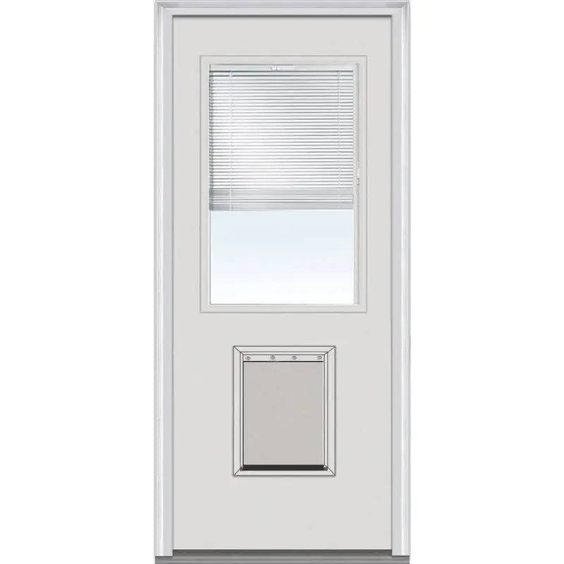 National Door Company 32″ x 80″ Primed Steel Exterior Door Half-Lite with Internal Blinds & Pet Door, Right-Hand Inswing