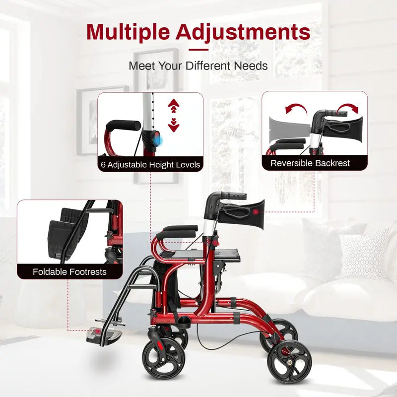 Senior-Friendly 2-in-1 Rollator Walker with Built-in Seat and Medical-Grade Support