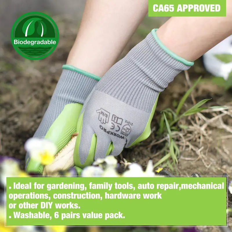WORKPRO Garden Work Gloves 6 Pairs with Eco-Friendly Latex Palm Coating