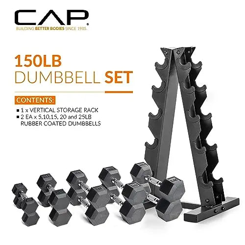 CAP Barbell 150 lb Hex Dumbbell Set with Coated Weights and Vertical Storage Rack Black Finish