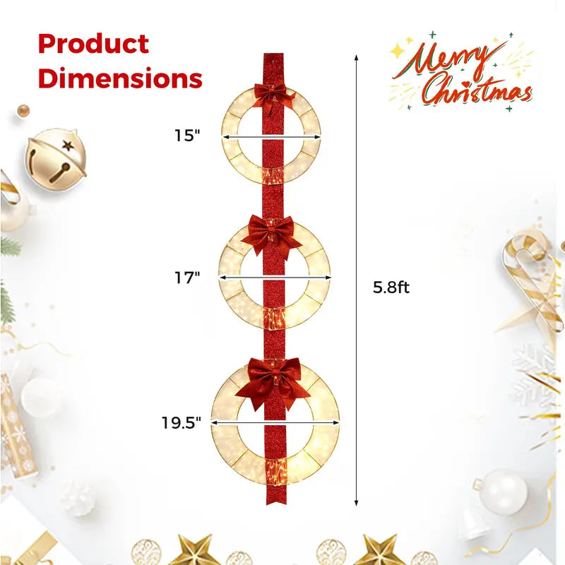 Set of Three 5.8-Foot Lighted Holiday Wreaths with 450 LEDs and Elegant Red Ribbon Accents