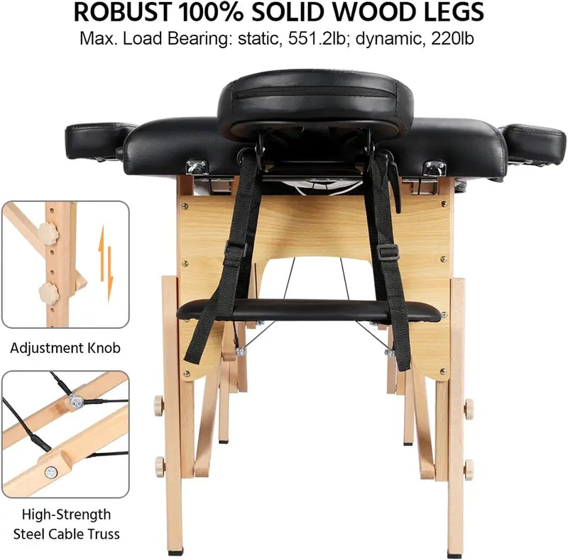 Adjustable Portable Massage & Lash Bed Spa-Grade Folding Beauty Table for Eyelash Extensions, Tattoos, and Physical Therapy (Black)