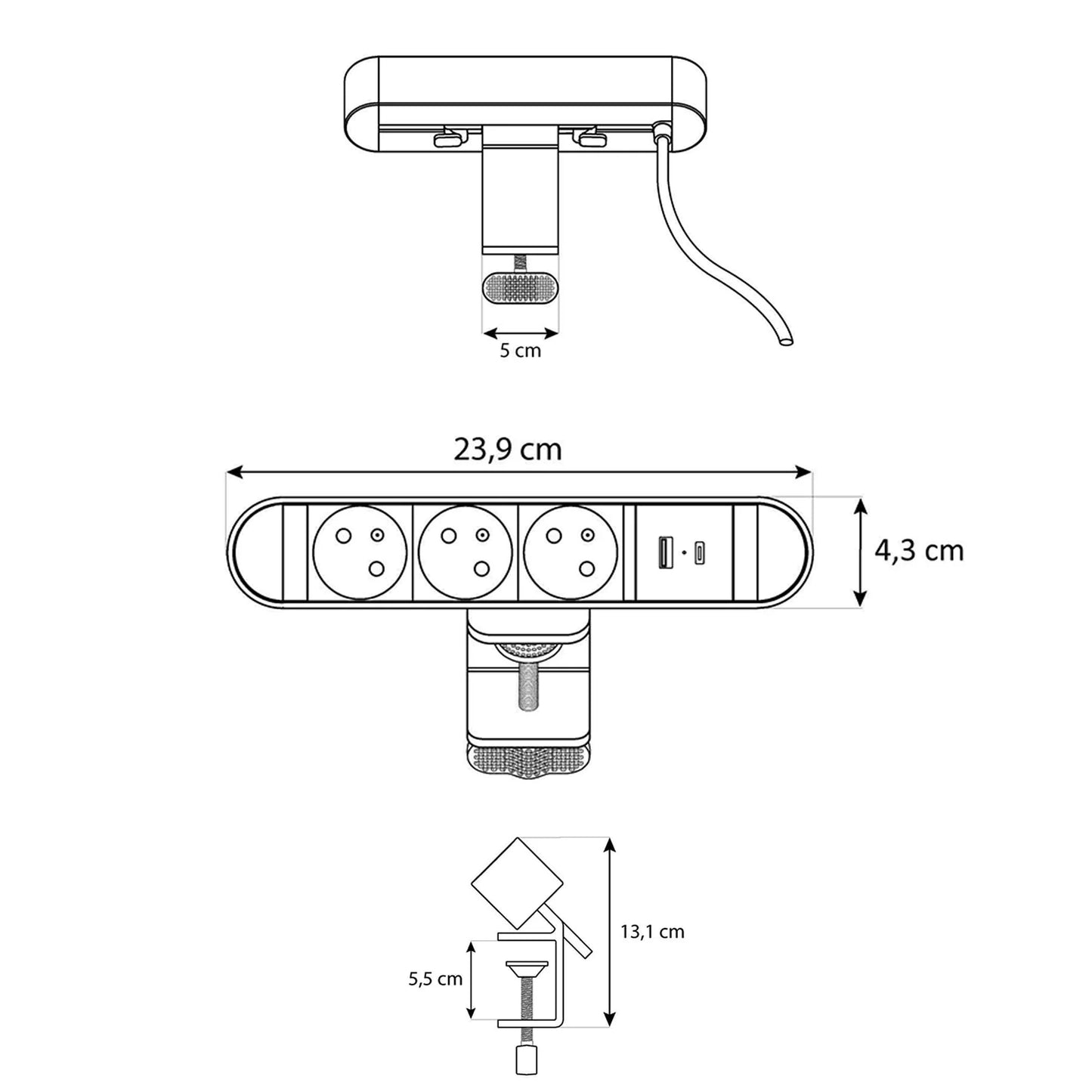 Bloc multiprise à pince pour bureau avec 2 ports USB
