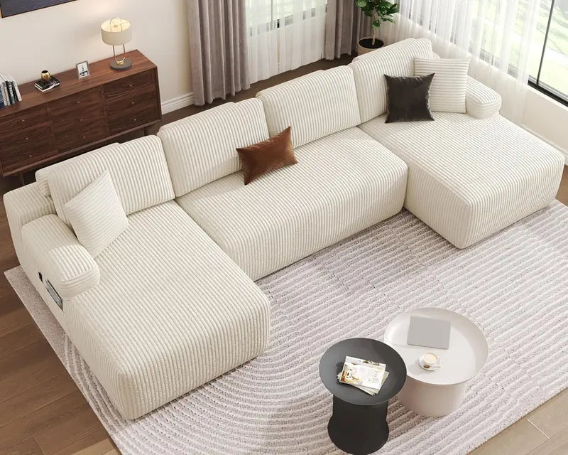 Modular U-Shaped Velvet Sofa Bed 126.2-Inch Deep-Seat Living Room Couch, Assembly-Free (Beige)
