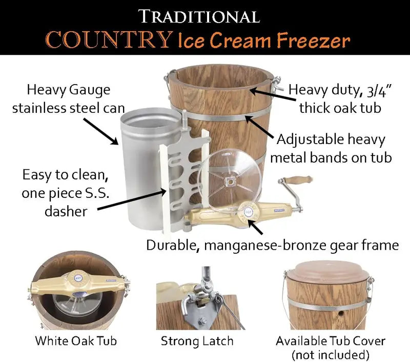 6-Quart Hand-Crank Ice Cream Maker Classic Wooden Tub Design