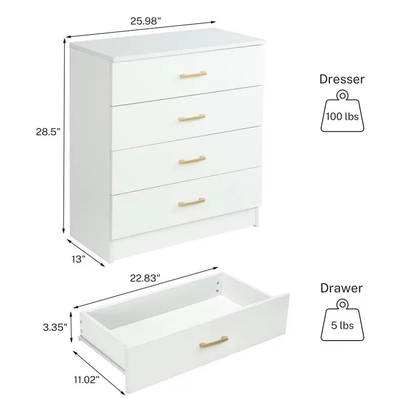 SEGMART White 4-Drawer Wood Dressers for Bedroom