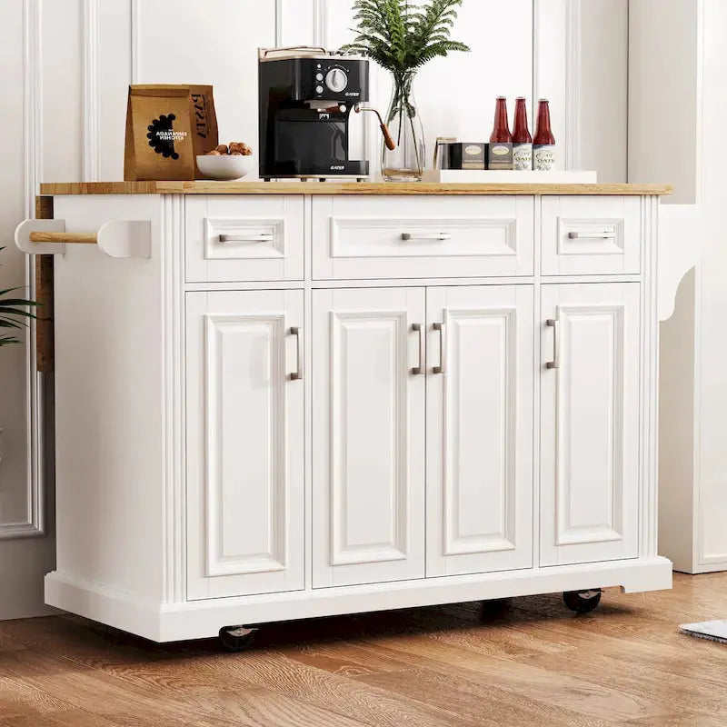 White Rolling Kitchen Island Cart Drop-Leaf Wood Top, Embossed Finish, Doors & Drawers