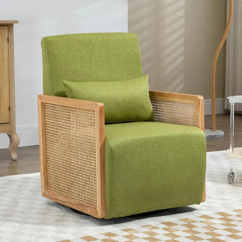 Swivel Accent Chair Featuring Natural Rattan Armrests and Supportive Lumbar Cushion