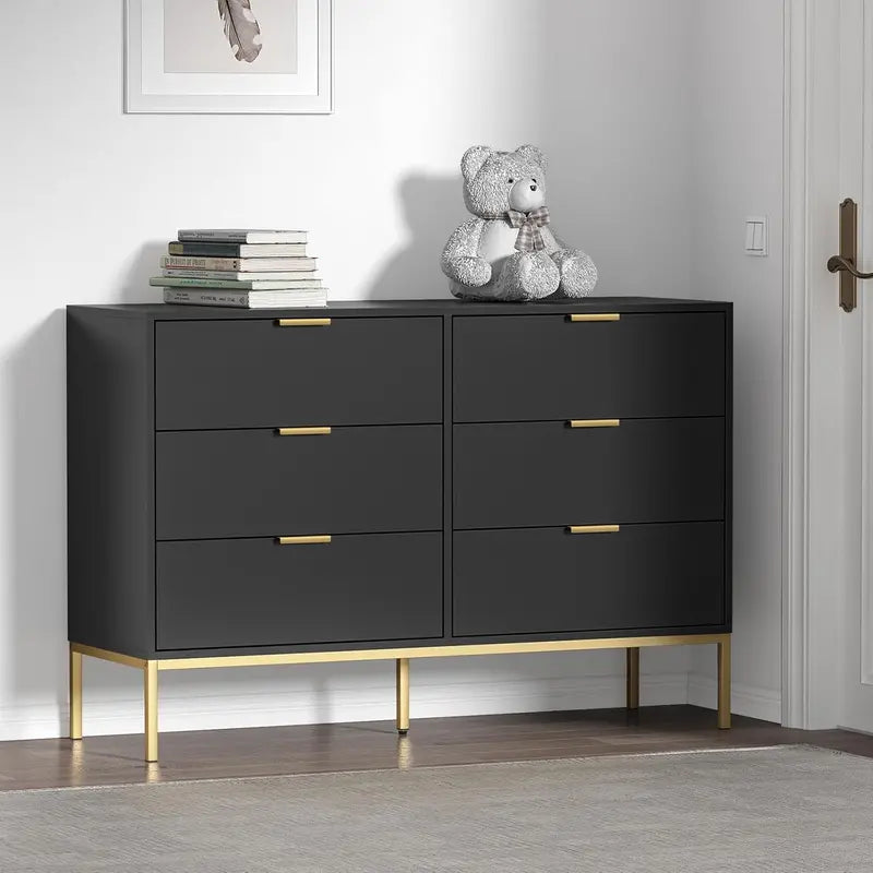 Modern 6-Drawer Bedroom Dresser Black or White Wood Chest of Drawers with Gold-Tone Hardware, Versatile for Living Room or Hallway
