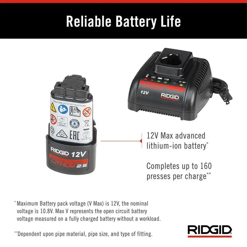 RIDGID RP 115 Mini Press Tool Kit for 1/2 in. 3/4 in. Copper & Stainless Fittings with 12V Li-Ion Battery (Includes 6 Items) 72553