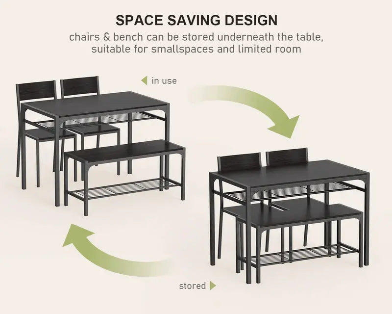 Gizoon 4-Piece Kitchen Dining Set with Storage Racks Table, 2 Chairs & Bench, Space-Saving Design