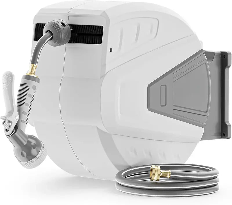 100-Foot Wall-Mounted Retractable Hose Reel with 9-Function Sprayer, Auto-Retract, and 180° Swivel Bracket Gray