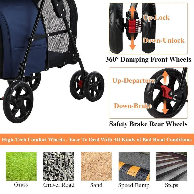 Navy Blue Double Pet Stroller Foldable 4-Wheel Travel Carrier with Suspension for Two Dogs or Cats