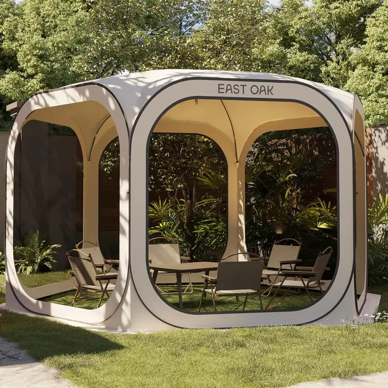 EAST OAK 10×10 FT Pop-Up Screen House Tent Instant Setup Canopy with Carry Bag, Beige