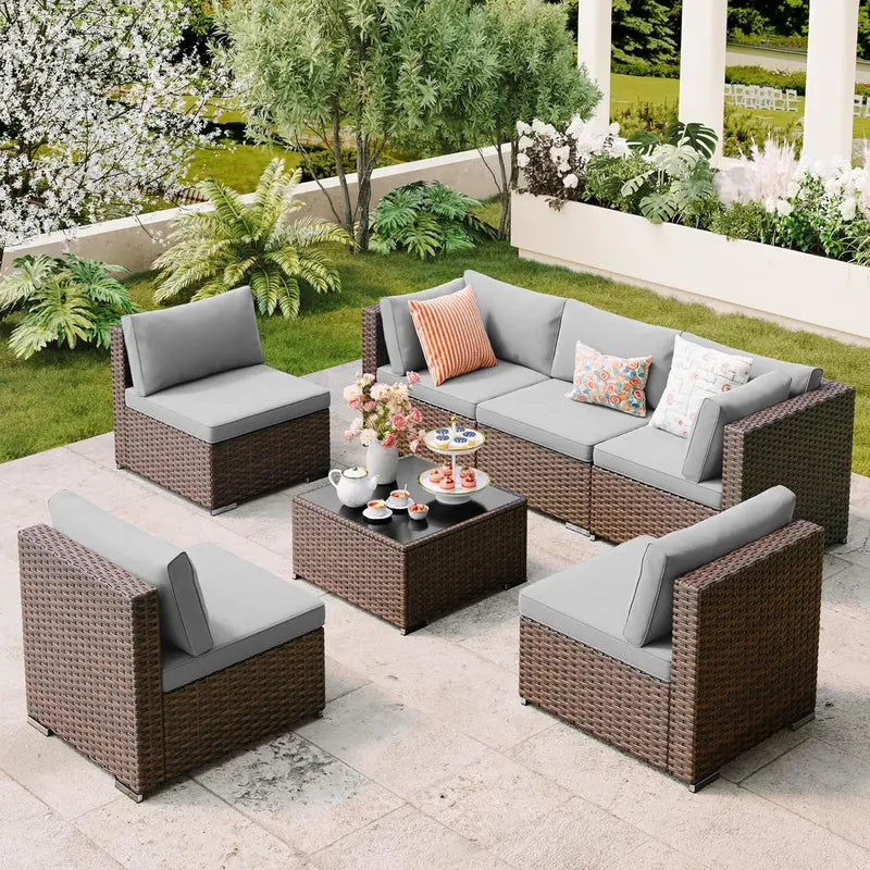 7-Piece Grey PE Rattan Patio Sectional Sofa Set with Cushions & Tempered Glass Table