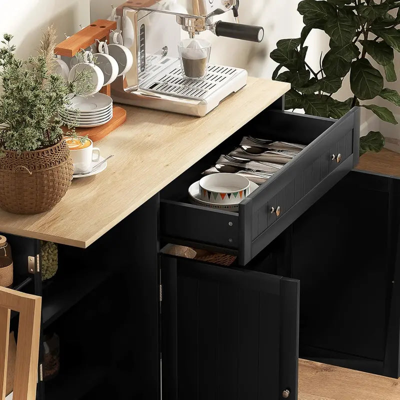Compact Modern White Coffee Bar Cabinet — Sideboard with Drawer, Adjustable Shelves & Door Storage for Small Kitchens