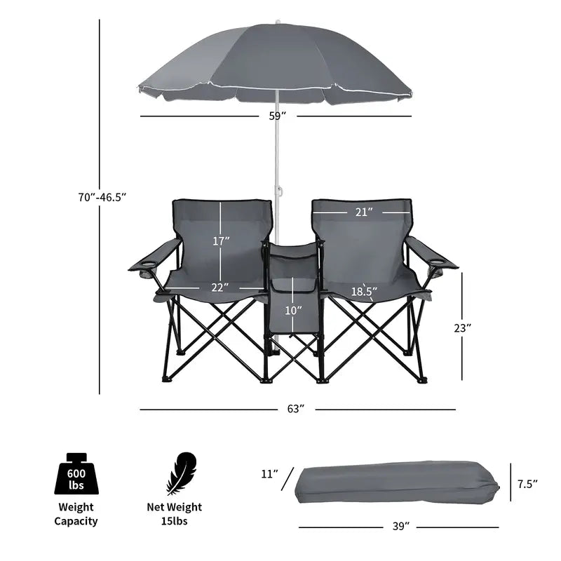 Compact Double Picnic Chair Set with Umbrella, Mini Table, Beverage Holders & Carry Bag