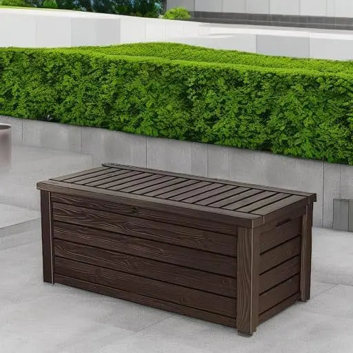 570L Weatherproof Resin Storage Bench Boat-Shaped Design with Piston-Assisted Lid and Side Handles Dark Coffee