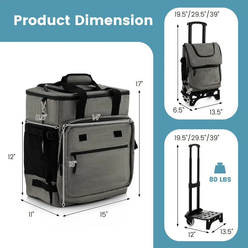 Collapsible 50-Can Rolling Cooler 3-in-1 Insulated Soft Bag with Removable Wheels